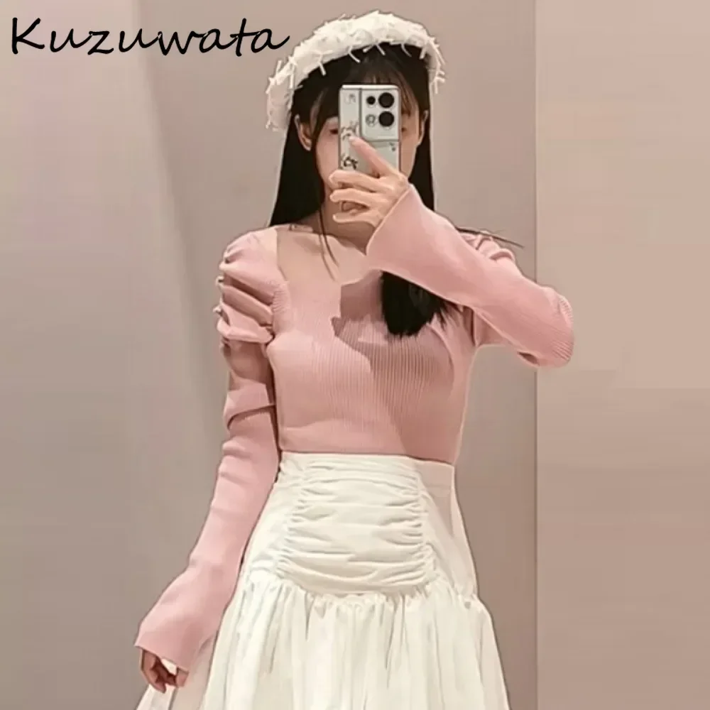 Kuzuwata повседневный тонкий укороченный топ с косым воротником и пышными рукавами