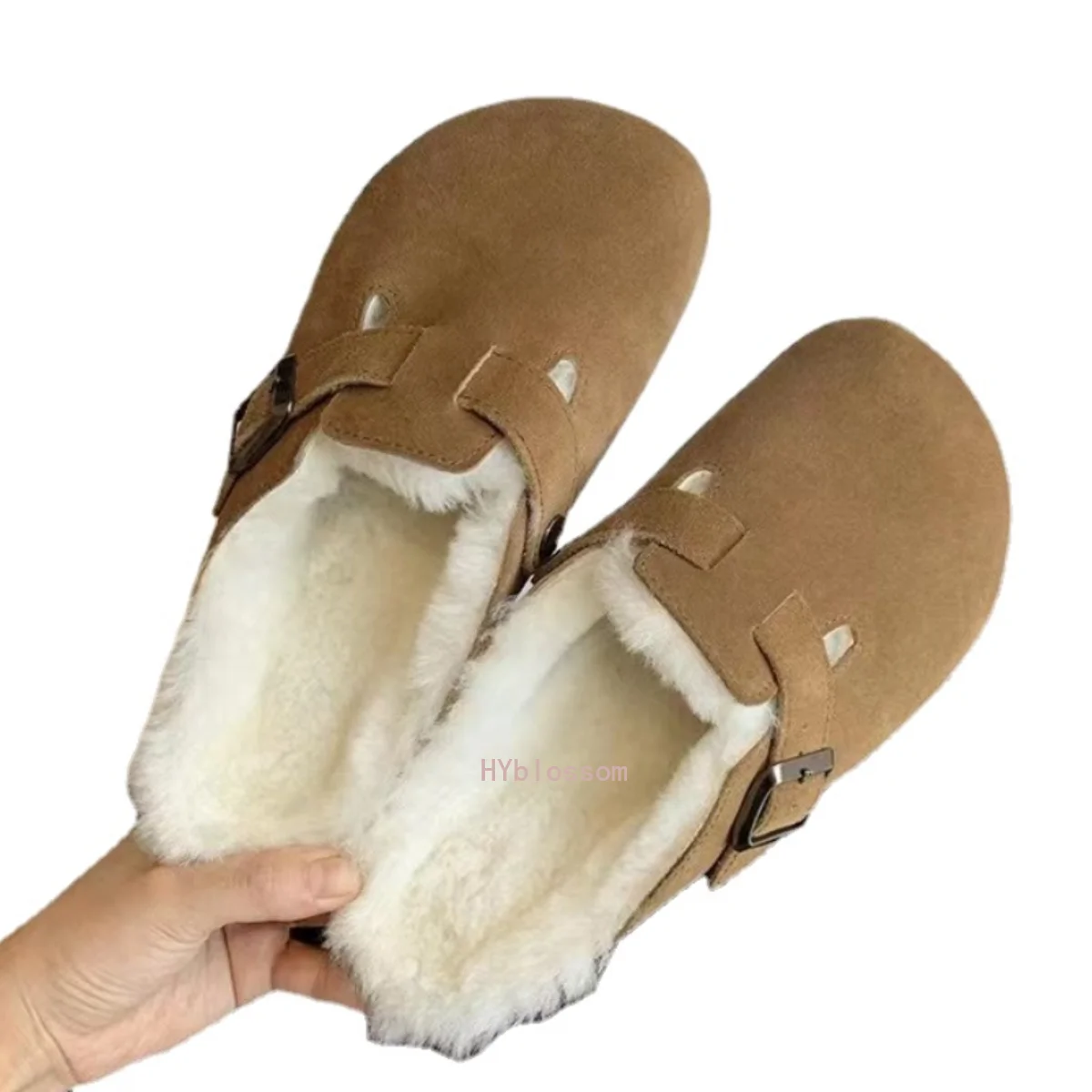 Women Suede Leather Round Toe Slippers  Casual Fur Inside Warm Winter Flat Hees Sandals Woman Plush Slides Women Plus Size