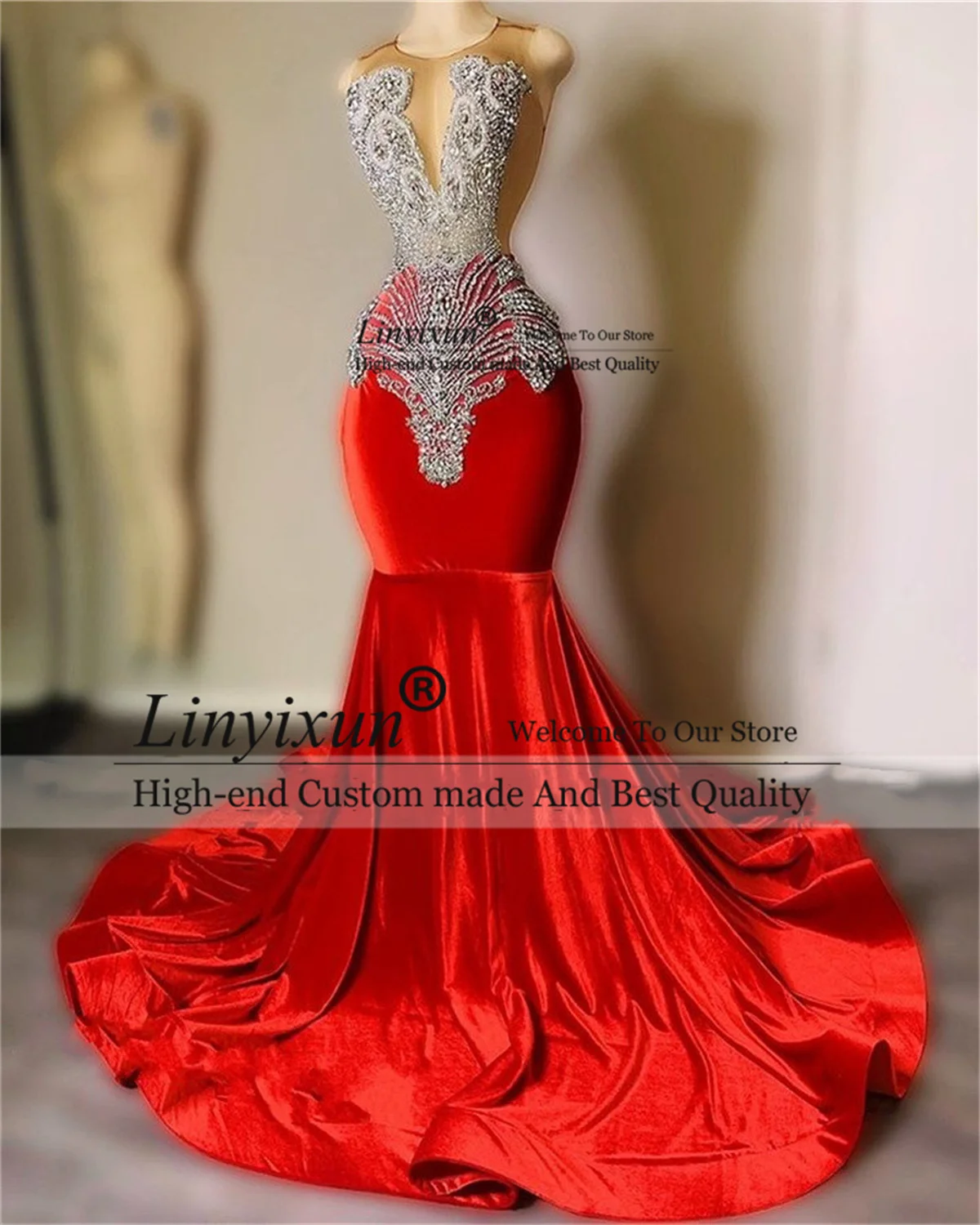 

Женское длинное вечернее платье-русалка, элегантное красное платье с бусинами для выпускного вечера, официальное вечернее платье с прозрачным вырезом и шлейфом, бальное платье для вечеринки