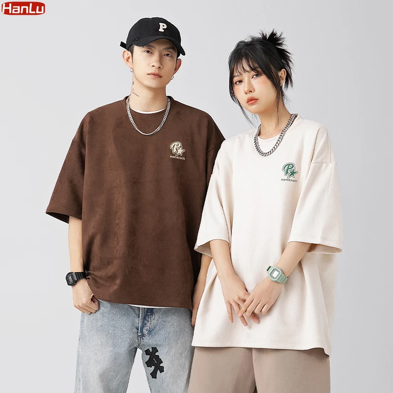 

Мужская Летняя модная Свободная Повседневная футболка оверсайз с принтом 2023 мужская женская уличная одежда замшевая футболка корейский тр...