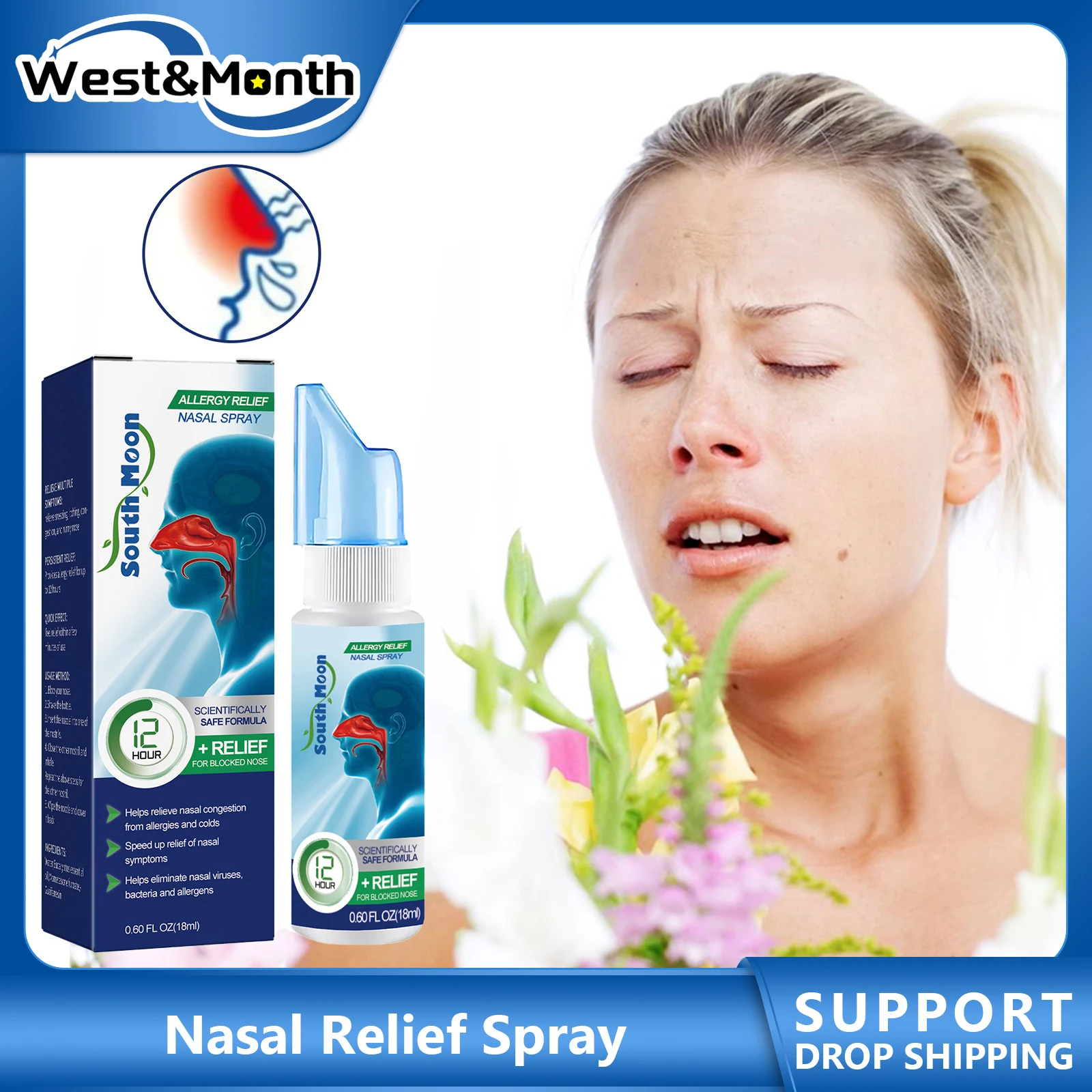 

South Moon Sinusitis Nasal Spray Anti Itch Relief Sneezing Nose Obstruction Cleaning Treatment Allergic Rhinitis Herb Care Spray