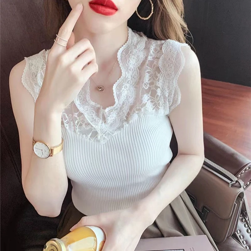 

Sexy Women'S Knitted Sleeveless Summer New V-Neck Lace Stitching Hollow Ice Silk Vest Sling Beautiful T-Shirt Bottoming Shirt