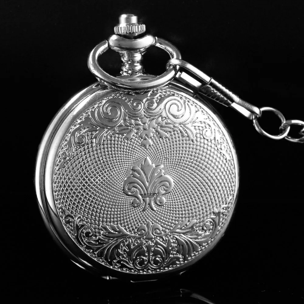 Silver Double Open Gear Engraving Machine Men's Watch Double Faced Roman Dial Clock Pocket Watch with Fob Chain Gift