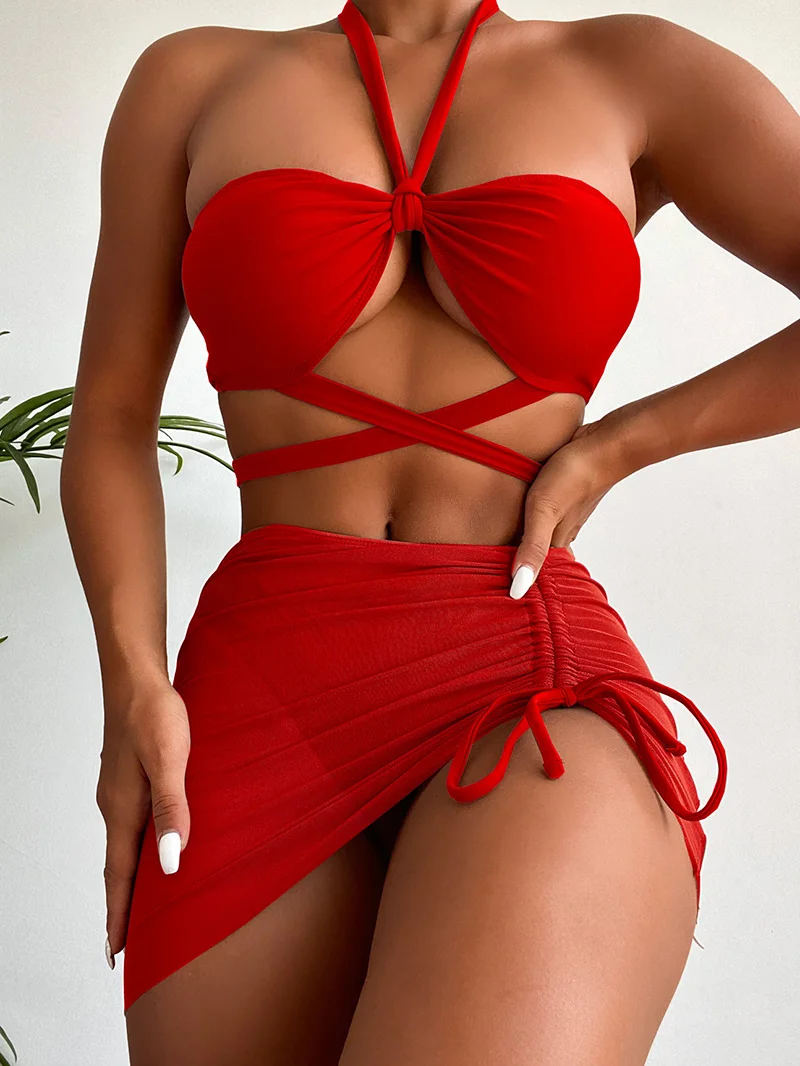 

Push Up Bikini 3 Piece Swimsuit with Skirt Halter Swimwear Women 2022 New Crisscross Biquini Sexy Mesh Bathing Suits