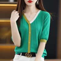 womens sweater knitwear 2022 new ice silk summer contrast color splicing pullover short sleeve loose slim vneck top thin sectio