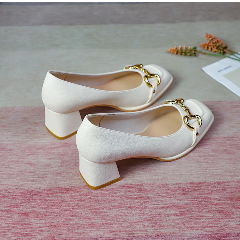 2023 Spring and Autumn New Women's Shoes Retro Square Toe High Heels Horsebit French Mary Jane Casual Professional Shoes