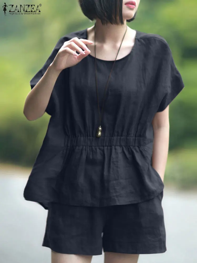 

ZANZEA 2PCS Fashion Summer Short Sets Women Short Sleeve Blouse Pants Sets Solid Loose Tracksuit Beach Home Wear Casual Outifits