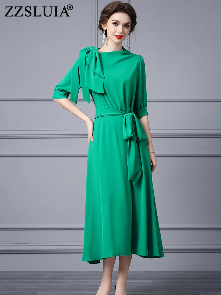 

ZZSLUIA Elegant Dresses For Women Solid Color Bow Designer Slim Midi Dress Fashion Half Sleeve Lacing Dresses Female Clothing