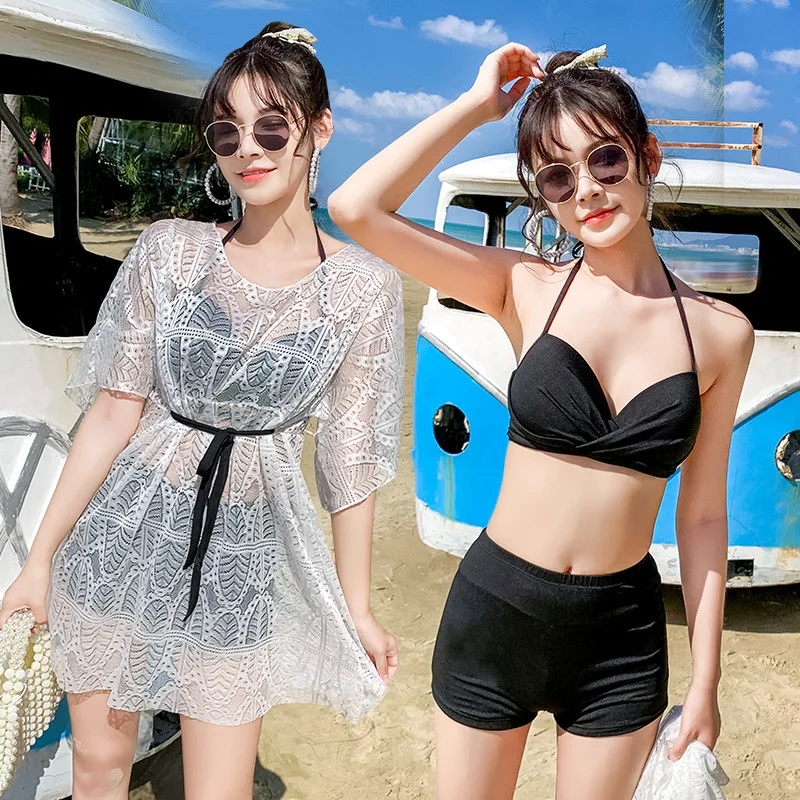 

3 in 1 Swimsuit 2023 woman Two-Piece Set Triangle BikiniS High Waist Korean women's solid bikini Hot Spring Bathing Suit