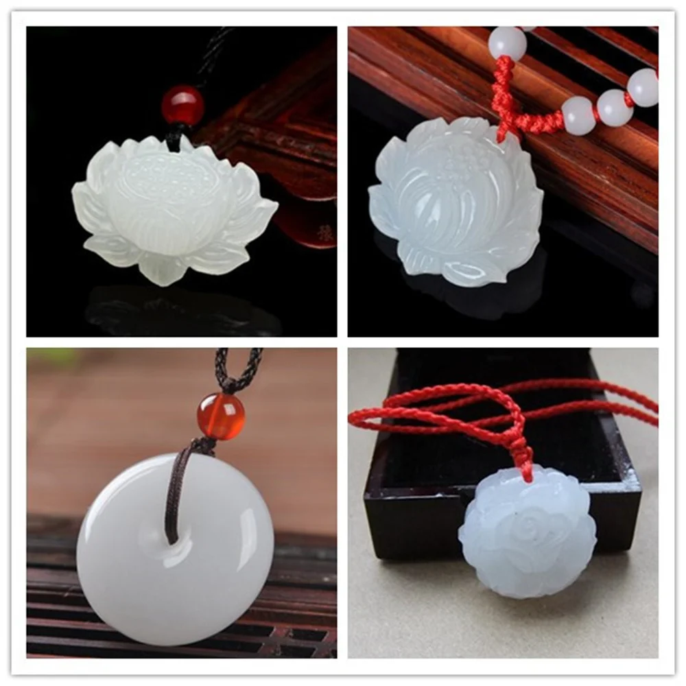 Wholesales Natural White Afghan Stone Jade Carved Handmade Rose Flower Lotus Lucky Pendant Necklace Charm Fashion Jewelry