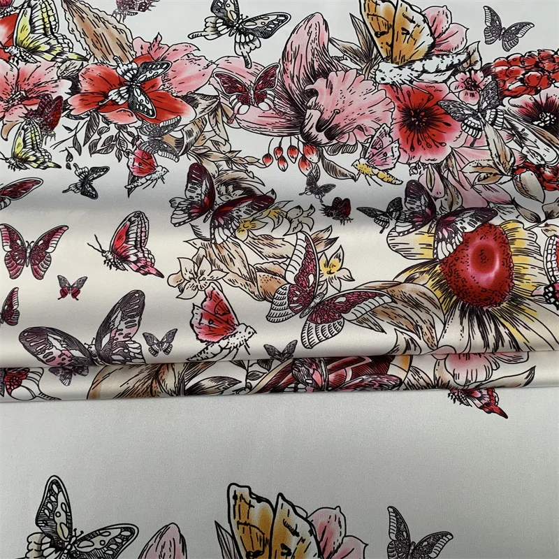 2022 Di Brand White Background Butterfly Pattern Digital Printing Stretch Satin Clothing Fabric DIY Sewing Dress Material Yard