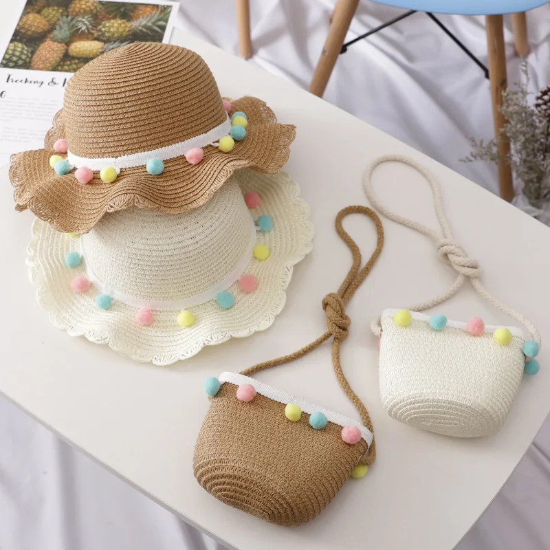 

Kids Girls Large Wide Brim Straw Woven Sun Protection Beach Hat Colorful Pompom Ball Summer Floppy Bucket Cap Portable Handbag