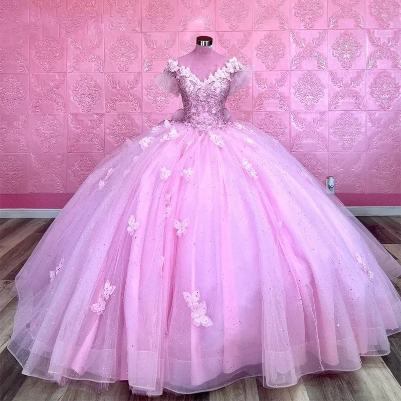 

Pink Quinceanera Dress Ball Gown With Bow Off The Shoulder Flowers Butterfly Appliques Beading Corset Pageant Sweet 15 Party
