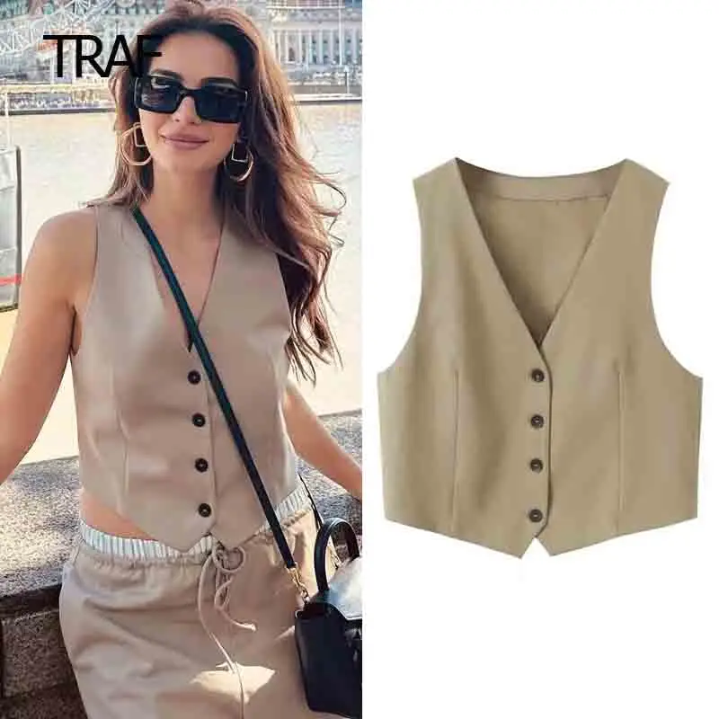 

TRAF Sleeveless Vests for Women Waistcoat Summer Suit Vest Short Coats Ladies Working Vest Sleeveless Top Fashion New Outerwear