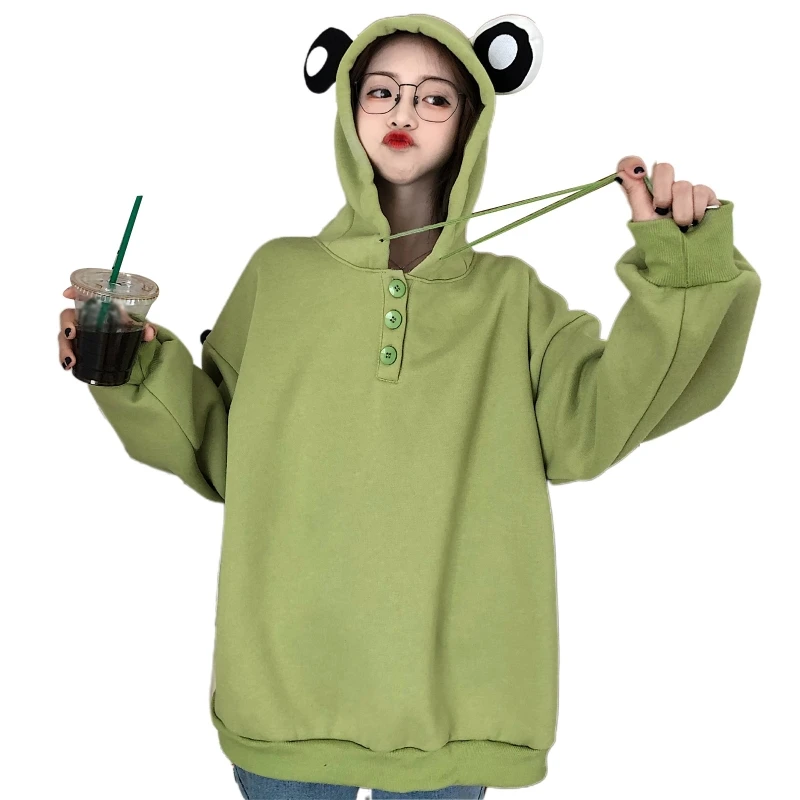 

New style Women Cute Cartoon Frog Eyes Hoodies Harajuku Oversized Loose Plus Velvet Green Drawstring Sweatshirt Button Up Tops