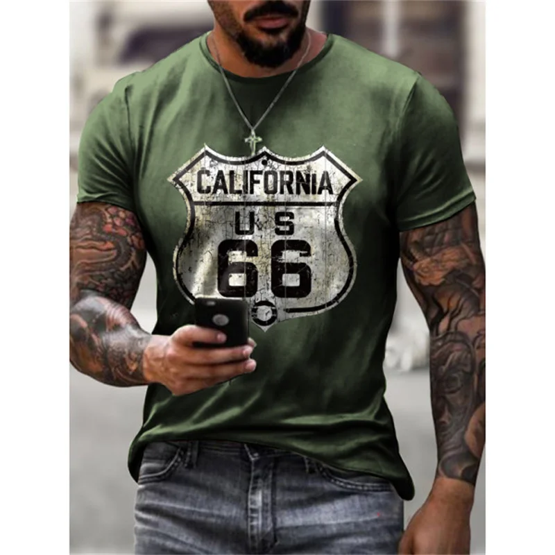 

New American Route 66 Letters HD Printed O Neck Short Sleeve Summer Plus Size Retro Loose Men's T Shirt