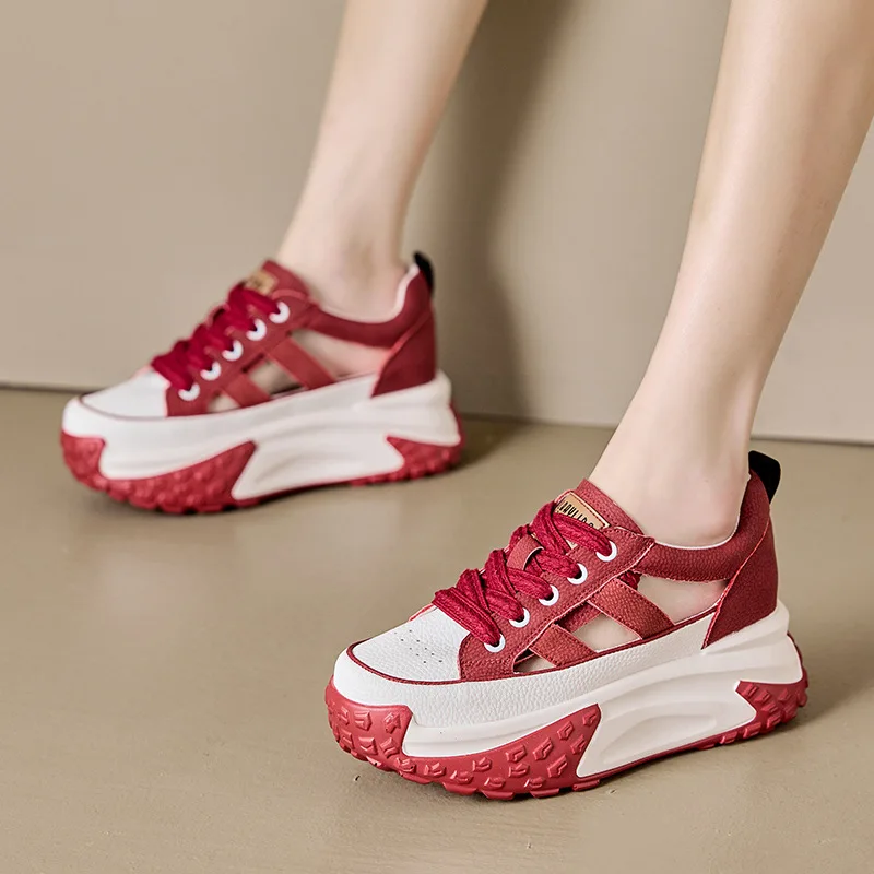 2023 Fashion Genuine Leather Hollow Comfy High Brand Breathable Shoes Chunky Sneaker Spring Summer Platform Women Wedge Shoes
