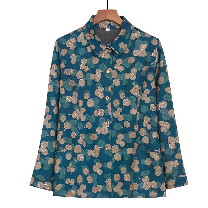 

Women's Long Sleeve Printed Shirt, Elderly Blouses, Thin Cardigan Coat, Old-age Mother Tops, Grandmother Tops, Spring, Autumn
