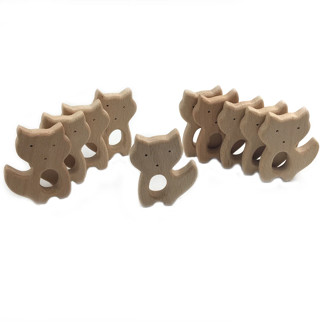 New 10pcs Fox Shaped Baby Wooden Teether Toys Beech Pendants Teething Care Hand Carved Animal Pacifiers Education DIY Toy Gift