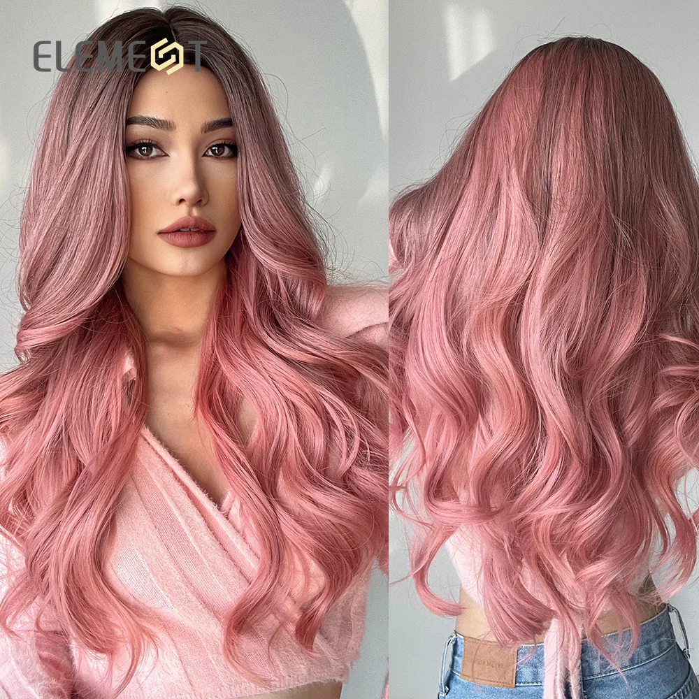 

ELEMENT Synthetic Wigs For Women Ombre Black to Pink Dark Roots Long Wavy Party Daily Use Heat Resistant Fiber Fashion Natural