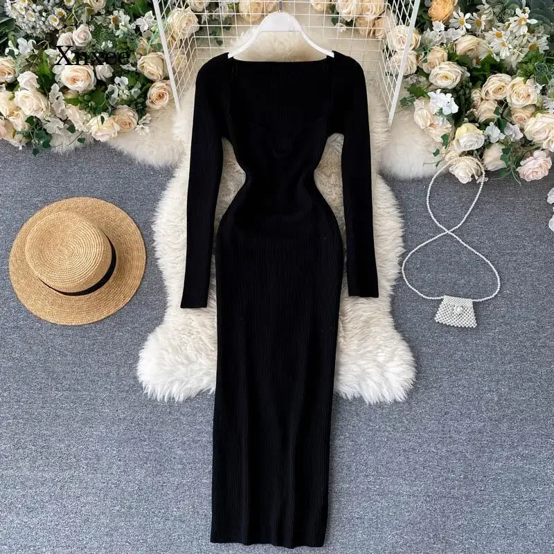 Зимнее и осеннее женское вязаное платье с квадратным воротником модное