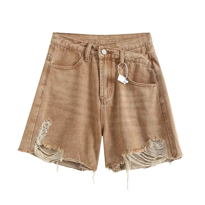 Dave&Di American Retro High Street Washed Hole Color Denim Solid  Shorts High Waist Casual Loose Bermuda Women Summer Mom Shorts