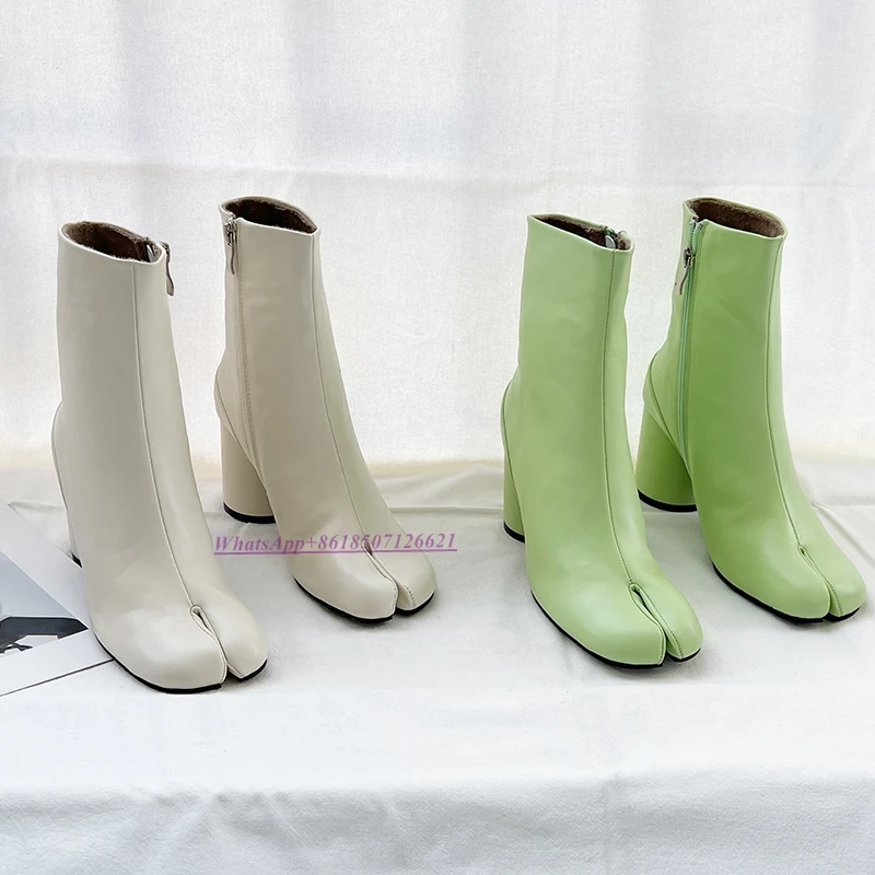 Horseshoe Split-Toe Boots Women's Fleece Warm Short Cotton Boots Side Zipper Chunky Heel High-Heeled Ankle Boots