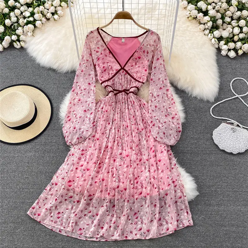 

Spring Fashion 2022 Fairy Super V-neck Floral Chiffon Dress Elegant Temperament Seaside Vacation Long Dress Women Elbise H015