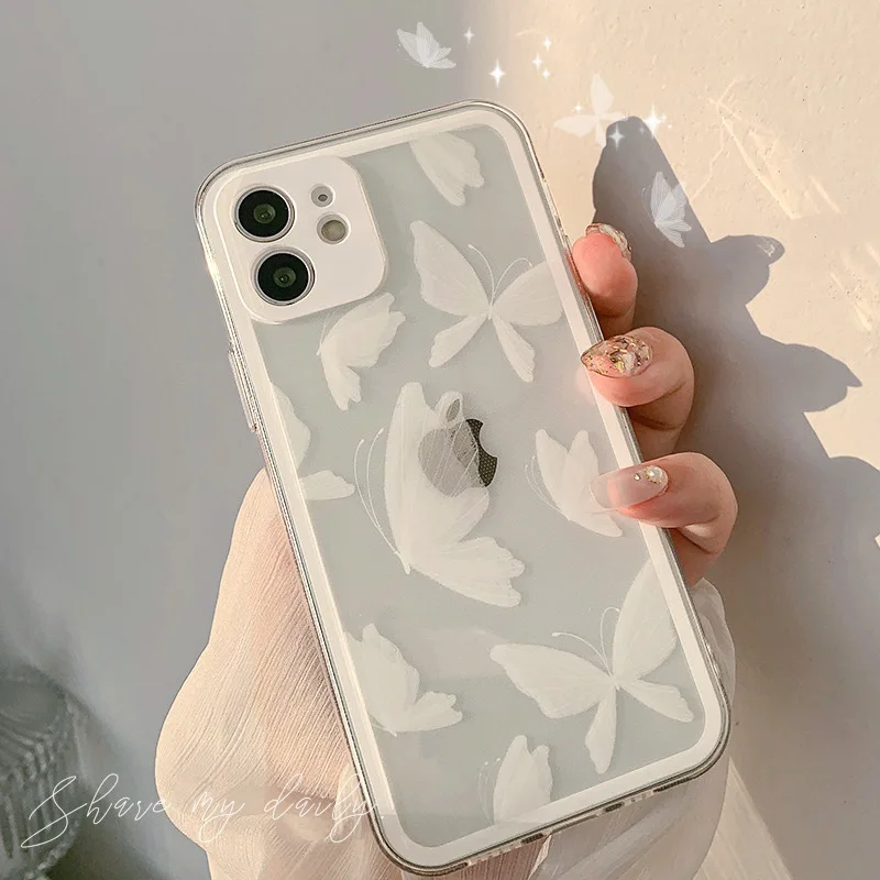 

White butterfly cute cartoon soft silicone clear phone case for iphone x xr xsmax 11 12 mini 13 pro max 8 7 plus cover shell