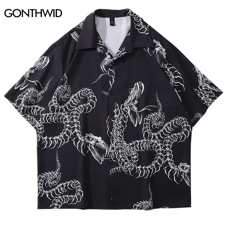

Hawaiian Shirt Streetwear Hip Hop Skull Skeleton Dragon Short Sleeve Button Down Shirts Blouse Men Summer Casual Loose Shirt Top