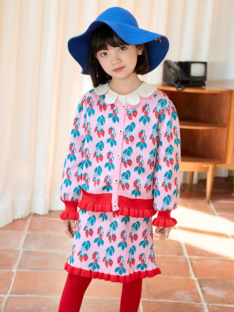 Baby Girls 100% Cotton Sweater + Skirt Set 2022 Autumn Strawberry Fashion Korea Style Single Breasted Full Sleeve Kids Clothing