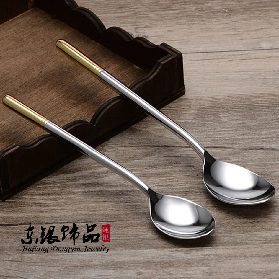 999 Foot Sterling Silver Spoon Baby Parent-Child Spoon Long Handle Coffee Spoon Tableware Classic Style Free Shipping