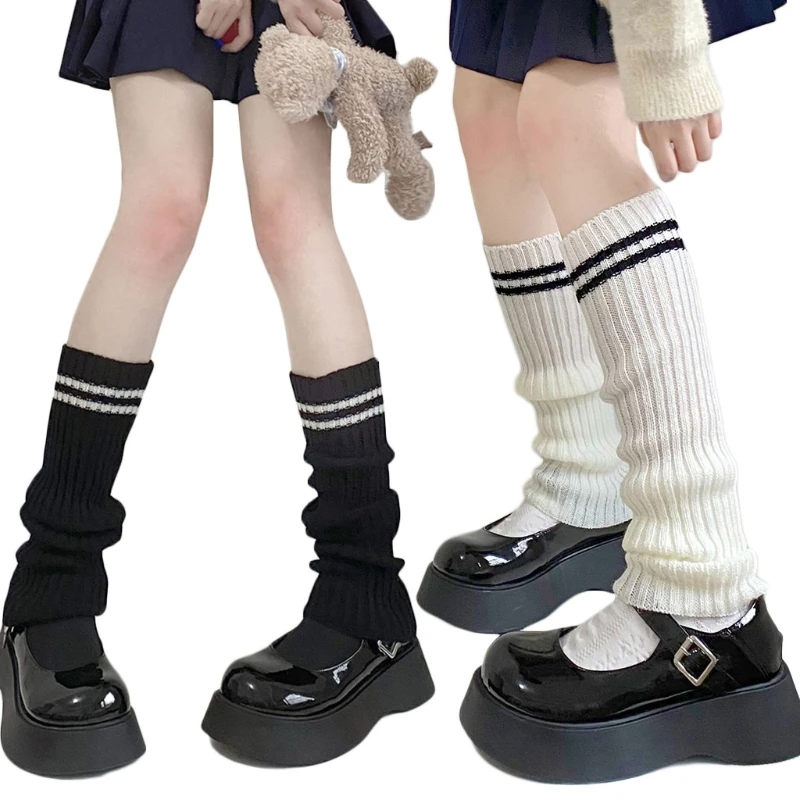 

Women Student Double Striped Knit Leg Warmers Japanese Preppy Style School Uniform Boot Cover Crochet Ribbed Stretch Tube