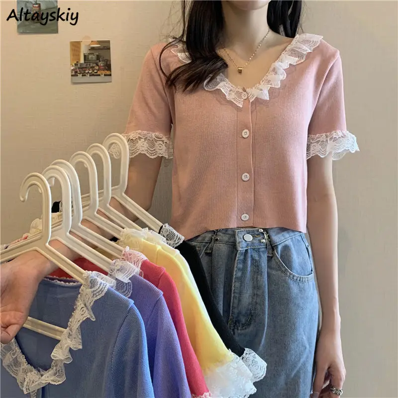 

Knitting T-shirts Women Crop Tops V-neck Lace Elegant Sweet Sexy Streetwear Holiday Candy Color Retro Ulzzang Classic Ins Summer