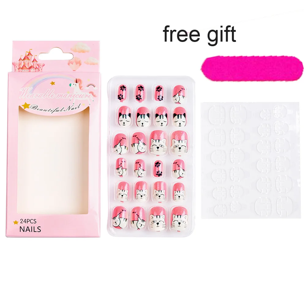 24Pcs/Set Kids False Nails Cute Cartoon Cat Stiletto Tips Fake Nail UV Gel Manicure DIY Press On Full Cover False Nail Xmas Gift