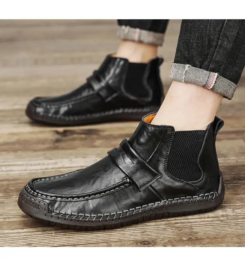 

Men's Spring Autumn Leather High Top Casual Shoes Soft Sole Non Slip Breathable Fashion Large Size Hand-Stitched Casual Shoes