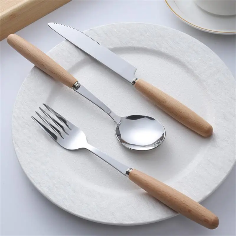 

Creative Wooden Handle Stainless Steel Knife And Fork Spoon Food Steak Knife Solid Wood Tableware Soup Spoon Fruit Dessert Fork
