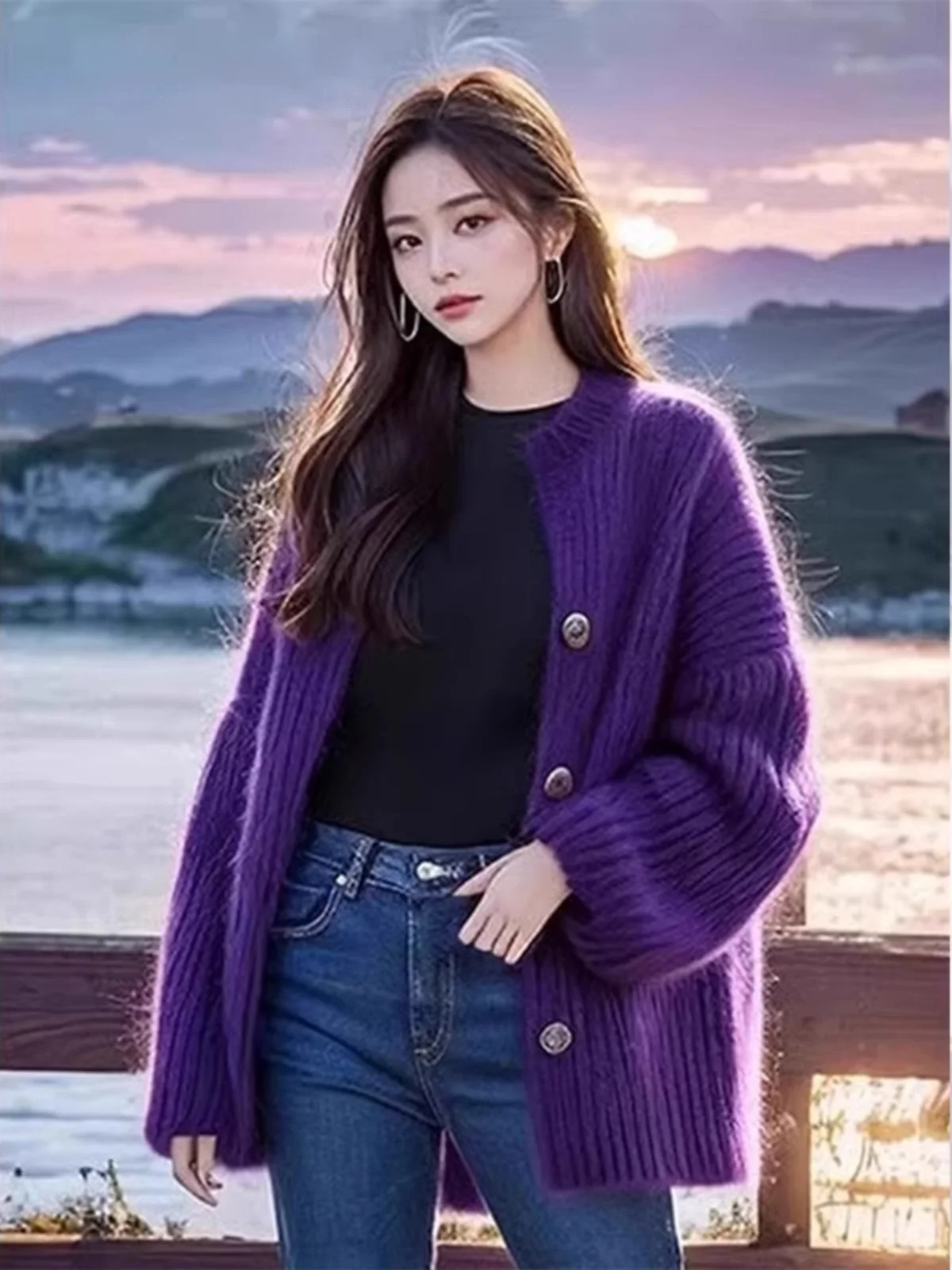 Темно-фиолетовый топ вязаный кардиган осень и зима 2024 мягкий клейкий свободный