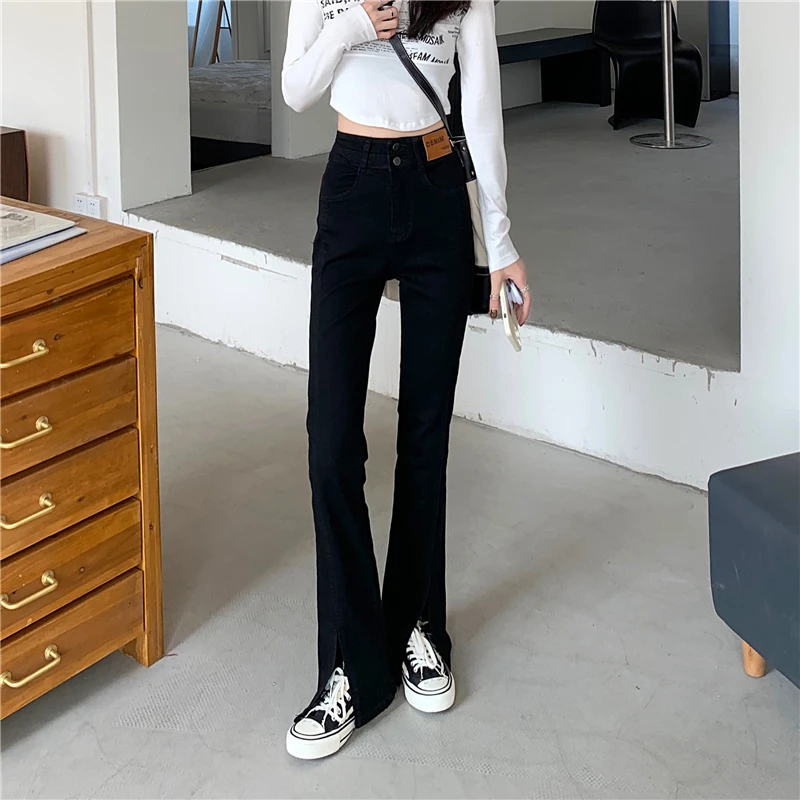 N1512  New fashion all-match high-waisted slim elastic slit all-match micro-slung long pants jeans