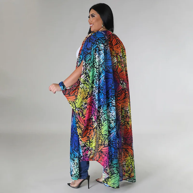 Plus Size Women Clothing Large Women's Coat Chiffon Printed Fashion Casual Shawl Cardigan Clothing Long Outwears Female Clothes
