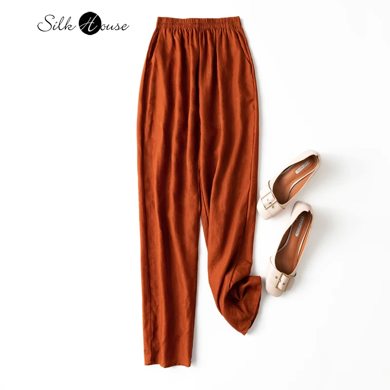Natural Mulberry Silk Gambiered Guangdong Gauze Fashion Spring and Summer New Women's Clothes Silk Elastic Waist Harlan Trousers