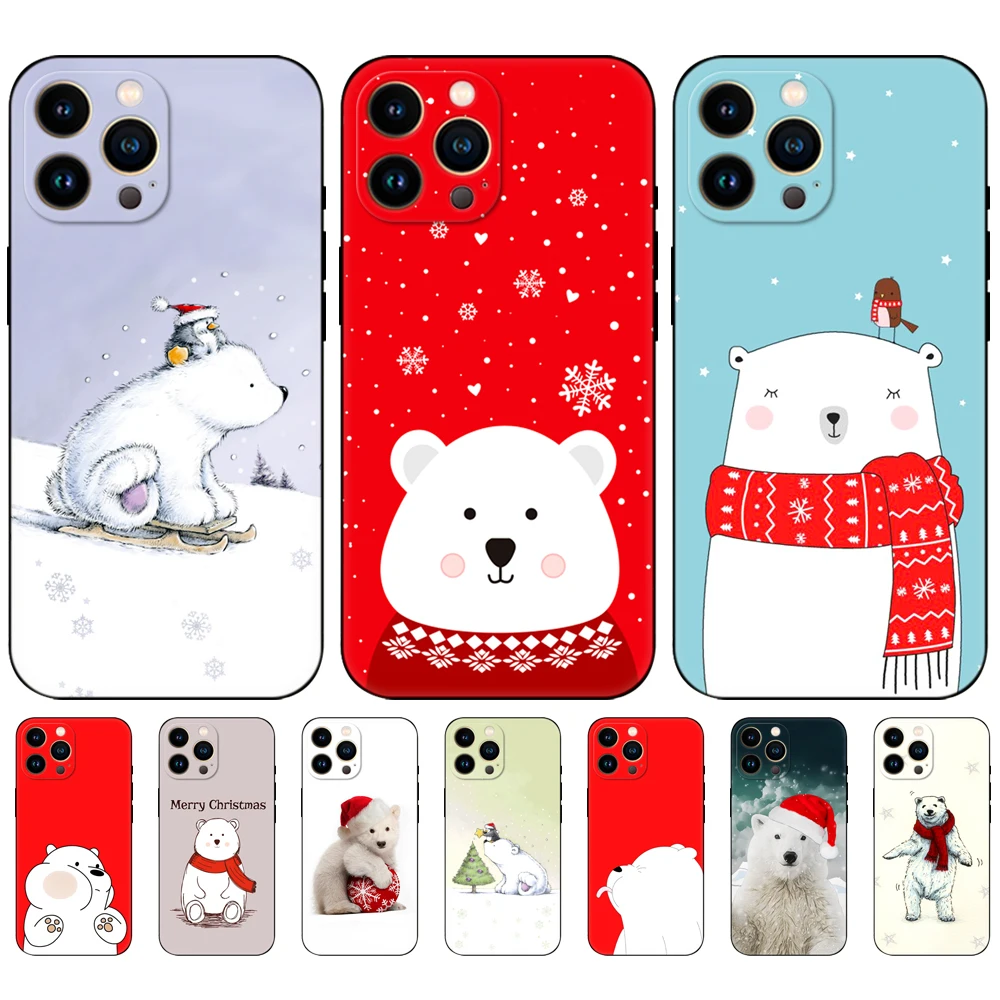 

Black tpu Cases For iphone X XS XR silicon phone bags for iphone xs max coque etui bumper back cover Cute Bear Christmas Polar