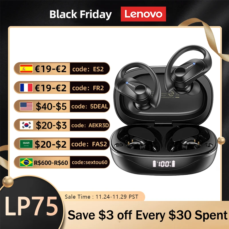 Lenovo LP75 TWS Sports Earphones Bluetooth 5.3 Wireless Headphones Waterproof HiFi Stereo Noise Reduction Earbuds with Mics