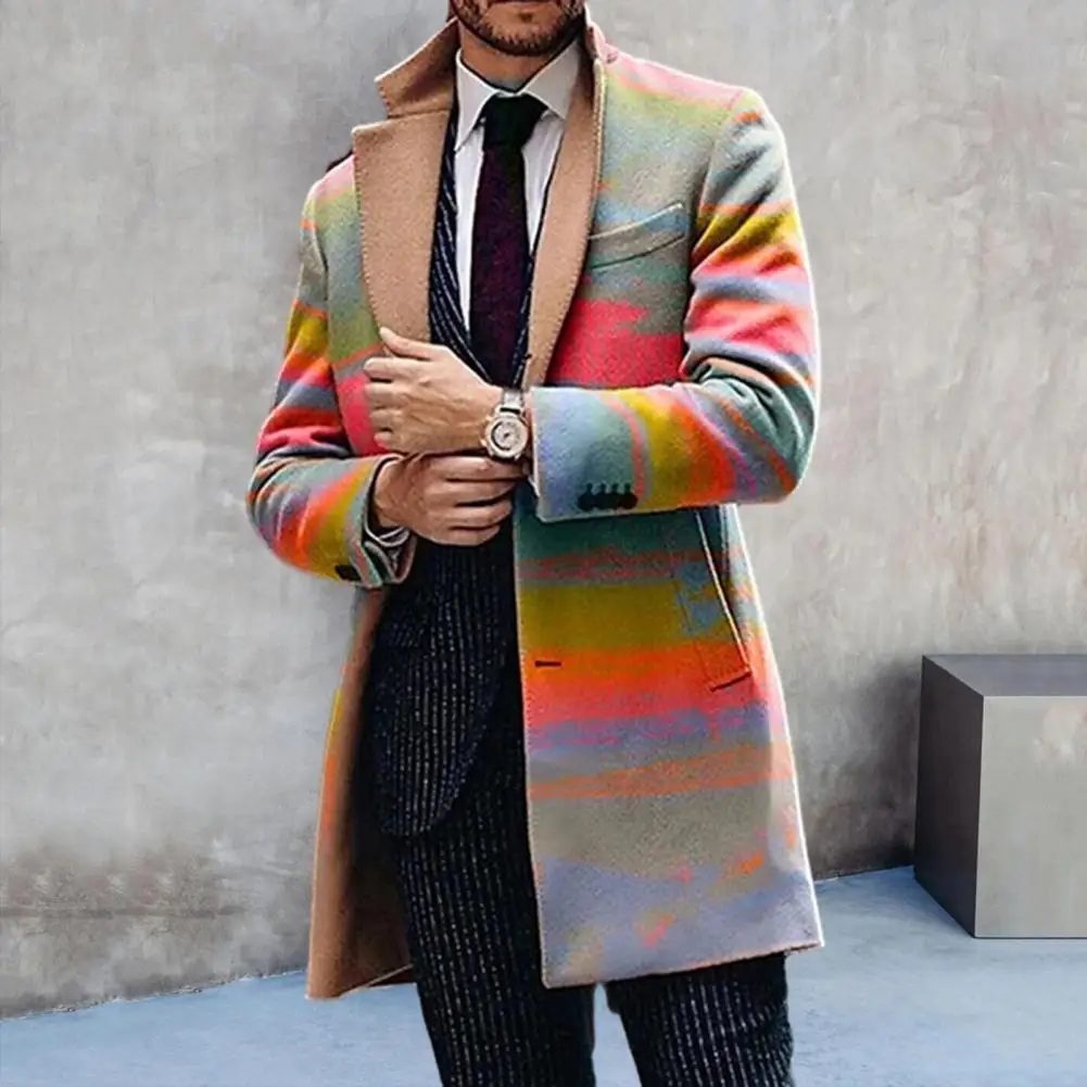 

Men Mid Length Coat Stylish Men's Plaid Print Trench Coat Lapel Cardigan with Pockets Windproof Business Style for Fall/winter