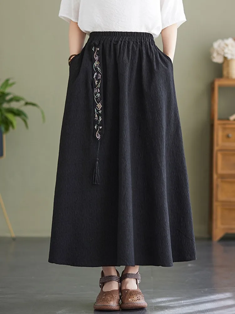 

Женская длинная юбка с высокой талией, Повседневная Свободная трапециевидная юбка из хлопка с цветочной вышивкой в винтажном стиле, модель ...