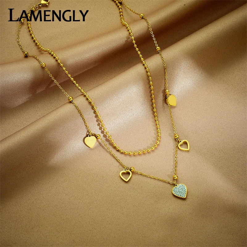 

LAMENGLY 316L Stainless Steel Love Heart Pendant Pendant Necklace For Women Fashion Girls Choker 2in1 Chains Party Jewelry Gifts