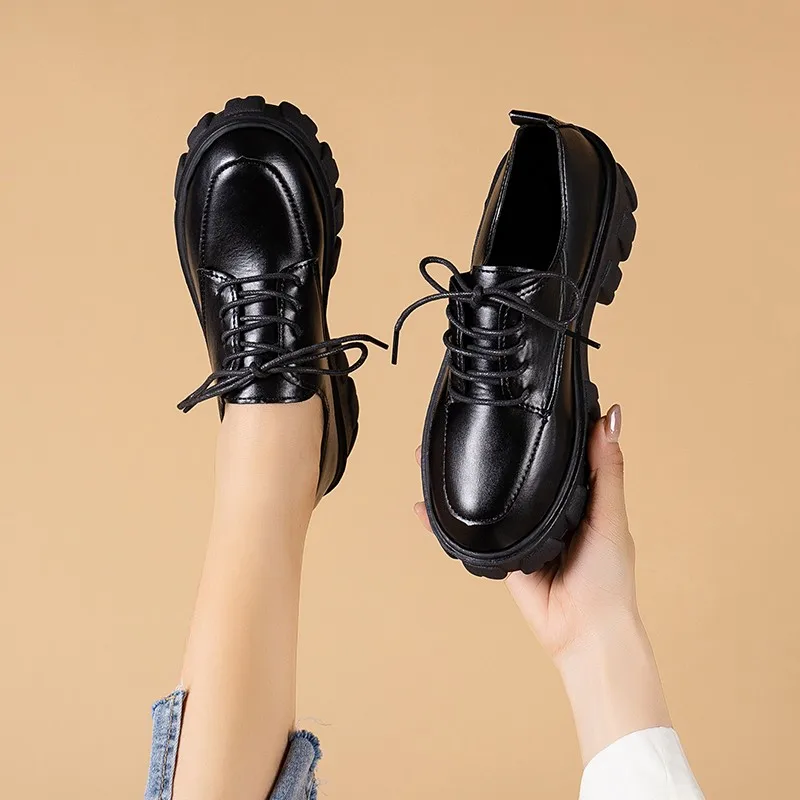 

New Small Leather Shoes Female 2023 New Thick High Heel Retro Black Work Shoes Woemn Autumn Sponge Cake Low Single Shoes Traf