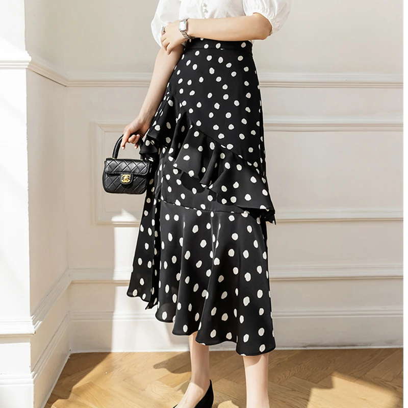 

Limiguyue Polka Dot Maxi Long Skirts Holiday Chiffon Ruffled Skirt Women Irregular Split Elegant High Waist Skirt Zipper J270