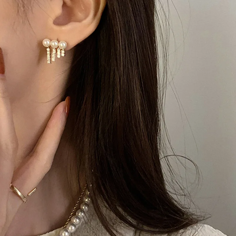 

Korean Imitation Pearl Zircon Tassel Earrings Female Wedding Jewelry 2022 New Temperament Simple Prom Party Accessories Gift