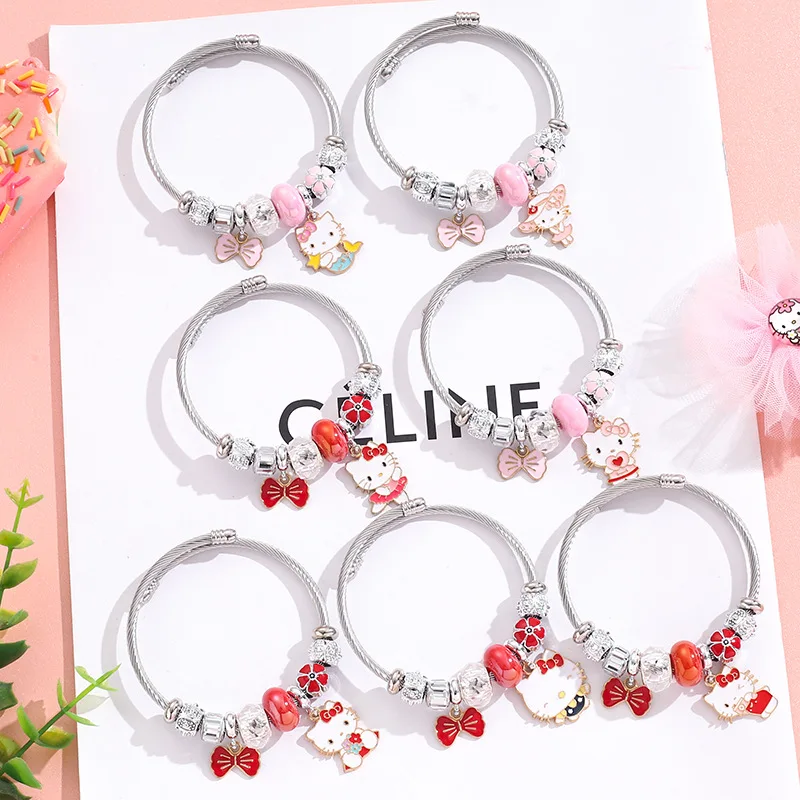 

Sanrio мультфильм серебряный браслет школьница кавайная Мода КТ Кот бант Открытый браслет из бисера браслет праздничный подарок